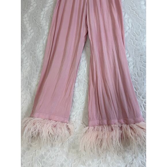 SLEEPER 100% Viscose Pink Ostrich Feather Trim Lounge Party Pajama Pants Size XS - Picture 3 of 13